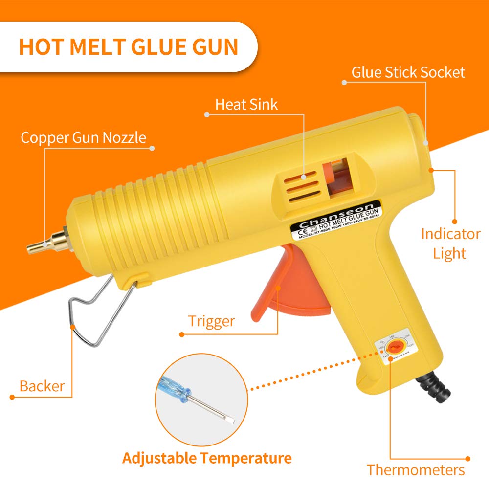 Chanseon 150 watts Industrial Hot Melt Glue Gun US Plug with 10 Pcs Glue Sticks Adjustable Temperature 5 Copper Nozzles for DIY Crafts and Quick Repairs