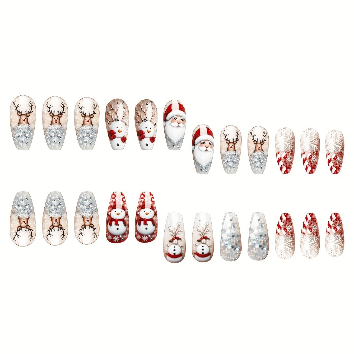 24Pcs Christmas Press on Nails EIK Snowman Coffin Fake Nails Winter Snowflake Medium False Nails with Crutch Designs Xmas Glue on Nails Full Cover Reusable Acrylic Nail for Women