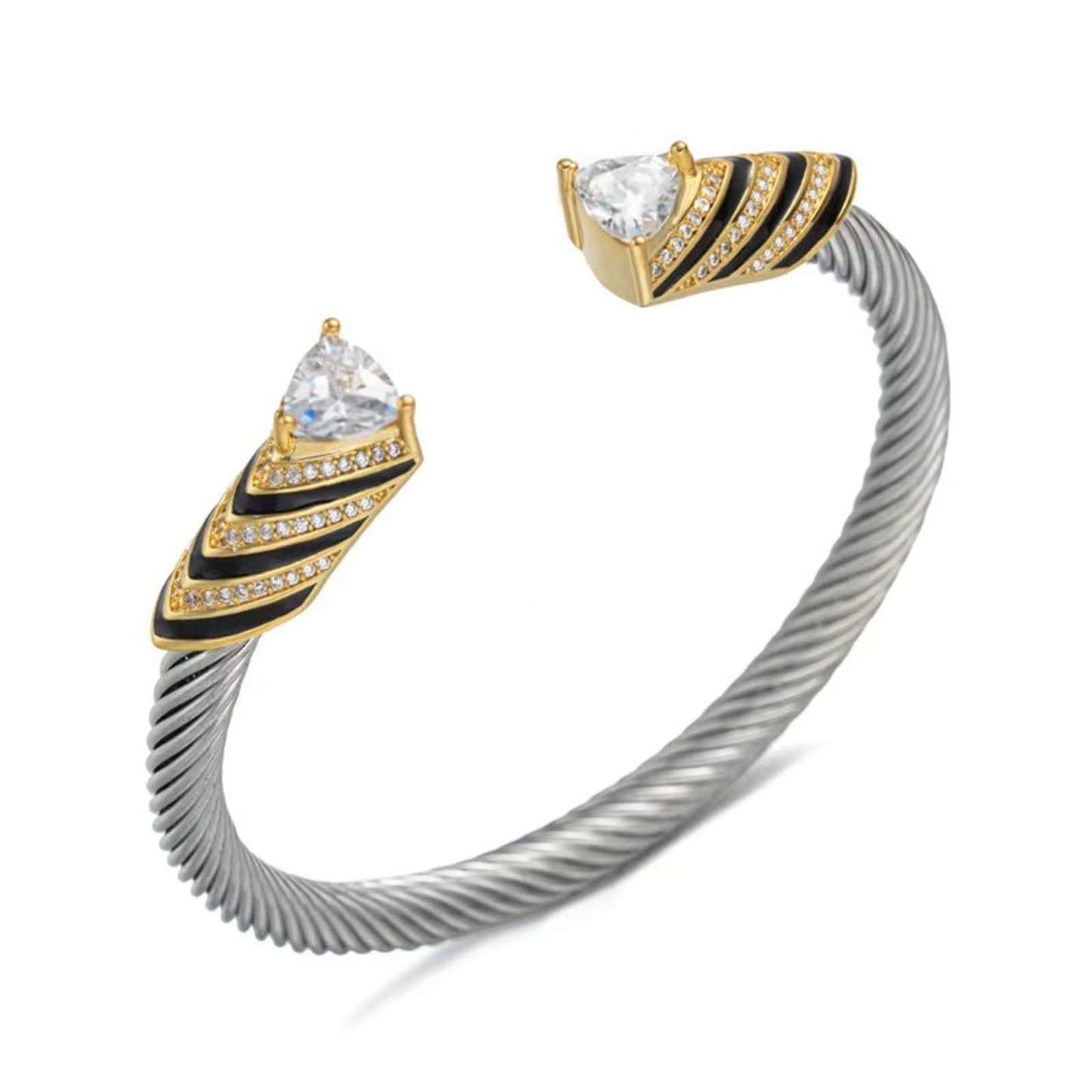 Stainless Steel Twisted Cable Wire Bangle, Crystal Inlaid Open Cuff Bangle Bracelets for Women, Stackable Elegant Jewelry Gift