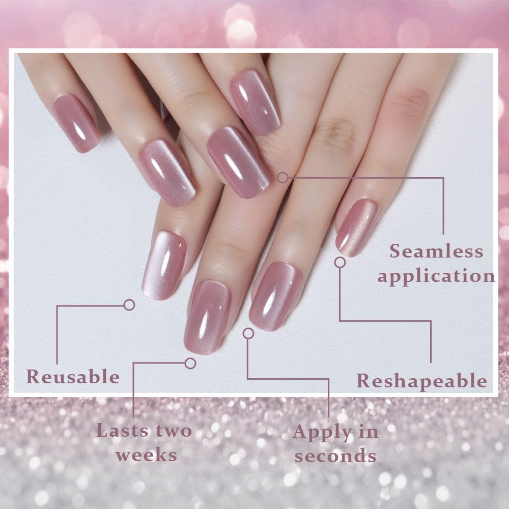 evpct Mauve Pink Cat Eye Press on Nails Medium Square No Glue, Medium Square Press Stick on Nails Chrome for Women Gift, Mauve Holographic Glitter Glossy Reusable Acrylic Fake Nail with Cateye Designs