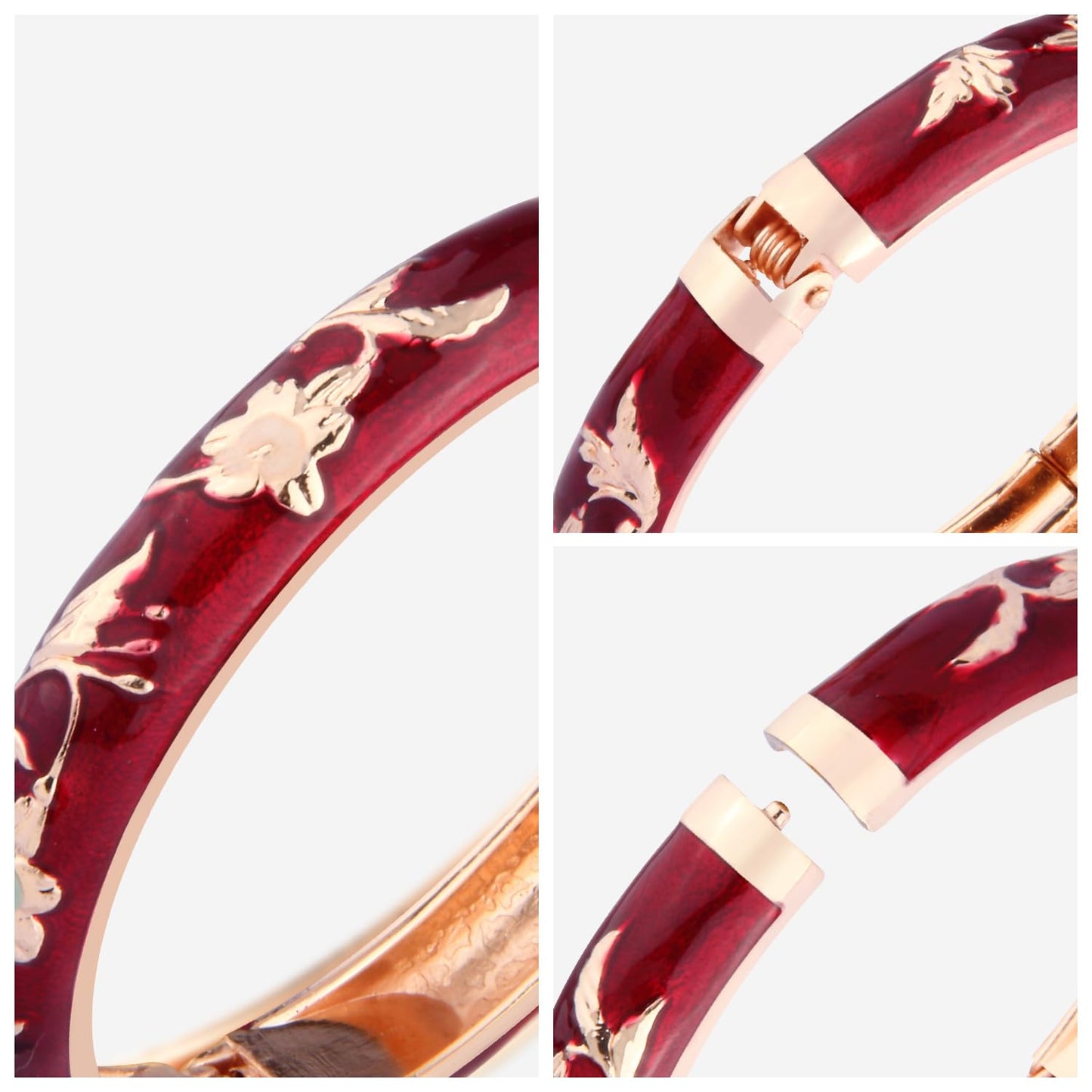 UJOY Vintage Bracelet Plated Enameled Jewelry Spring Hinge Metal Cuff Cloisonne Bangles Set Gift Box Packed 55A81-55A108 red White