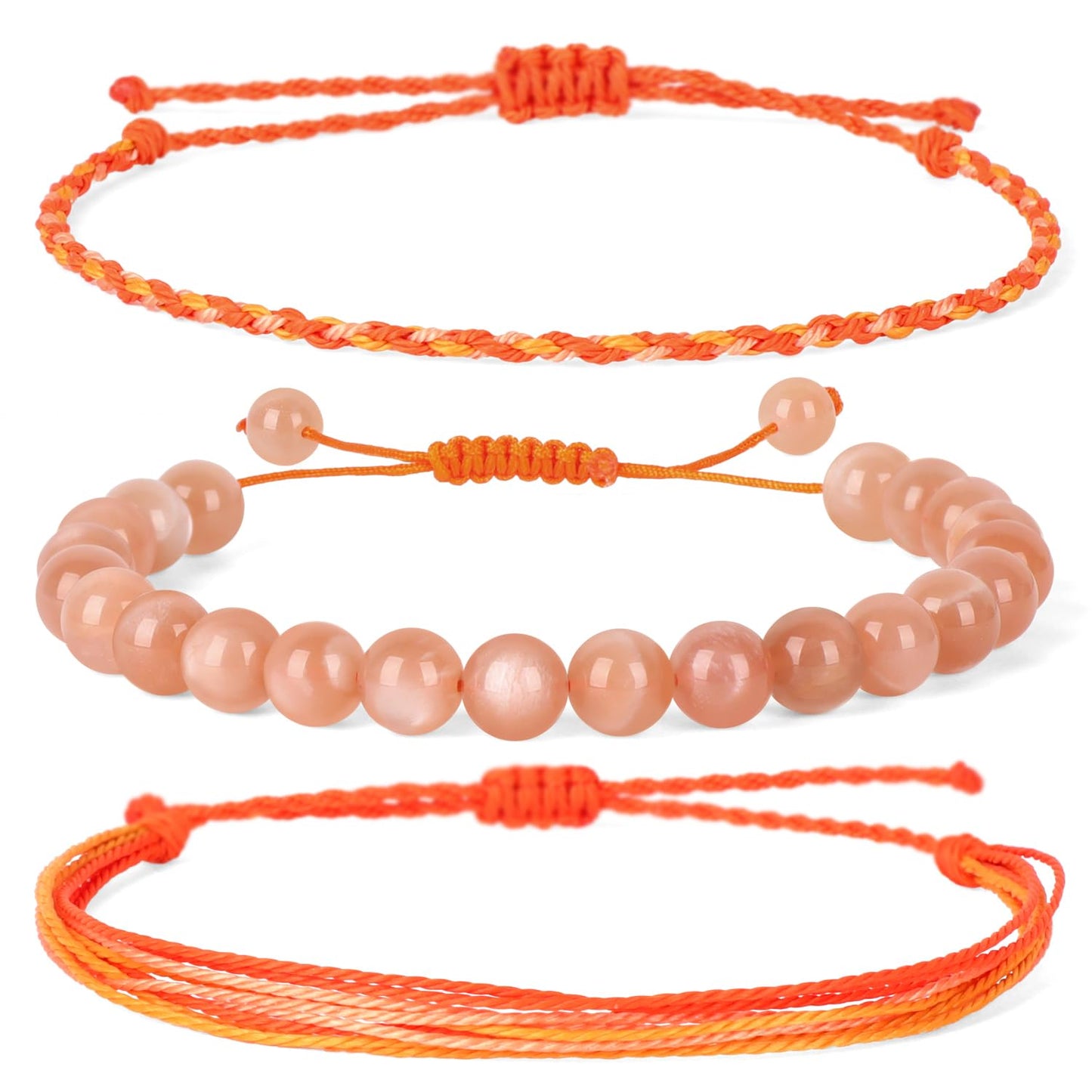 QOGIR Handmade Healing Bracelets,8mm Natural Sunstone Gem Stone Beads Bracelet for Men Women Gifts with 2PCS Size Adjustable Rope Bracelets