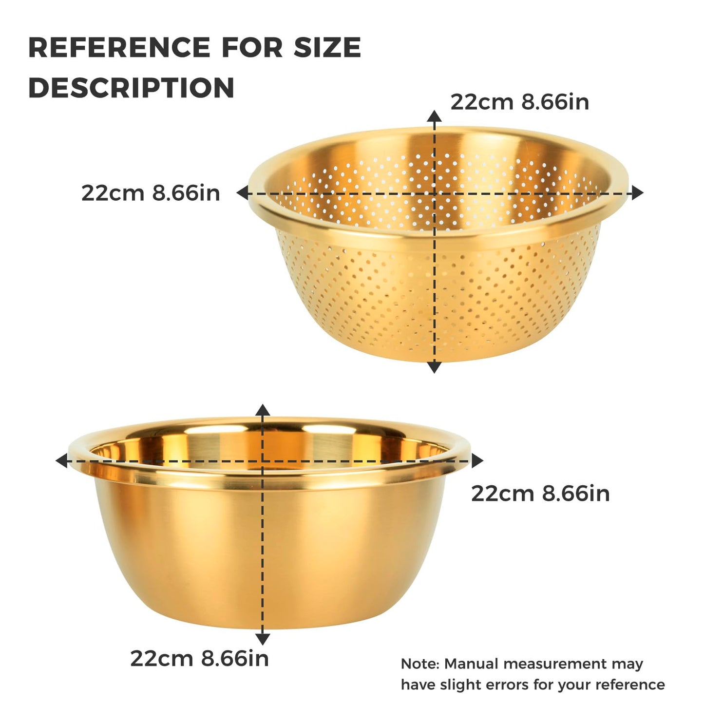 Snailhouse Colander with Mixing Bowl, 2QT 304 Stainless Steel Kitchen Rice Pasta Strainer for Washing Vegetables and Fruit, Gold