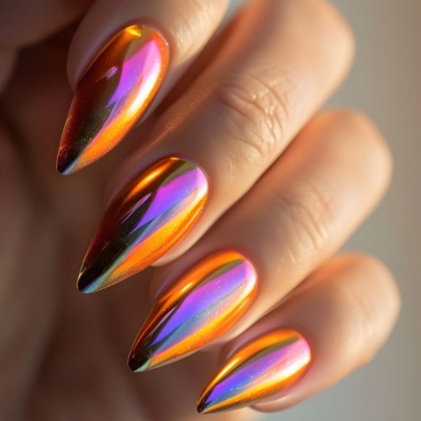24Pcs Chrome Press on Nails Medium Almond Fake Nails Black Aurora False Nails Glossy Quality Nail Tips Full Cover Glue on Nail Laser Acrylic Stick on Nails for Women Quick Manicure Kit