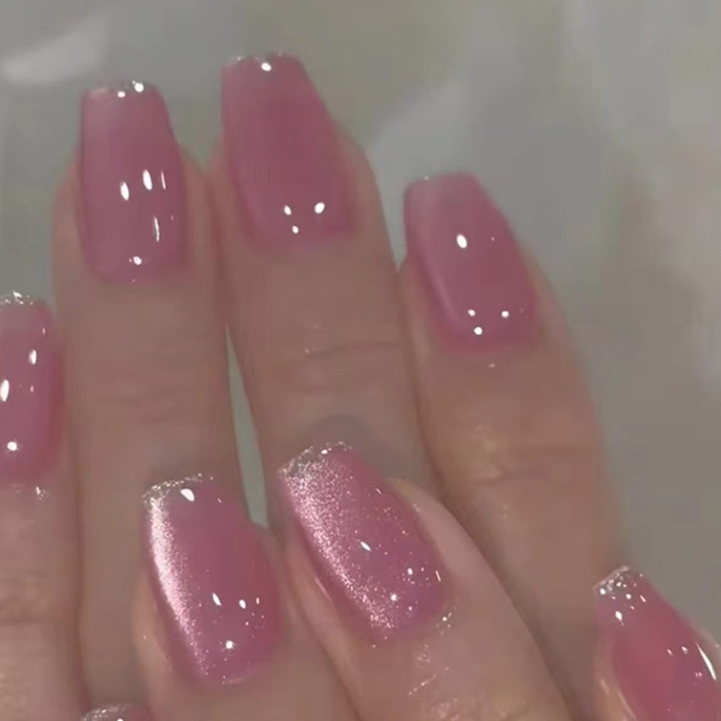 Hkanlre Coffin Press on Nails Pink Fake Nails Tips Full Cover Almond False Medium Cat Eyes Nails for Women 24PCS