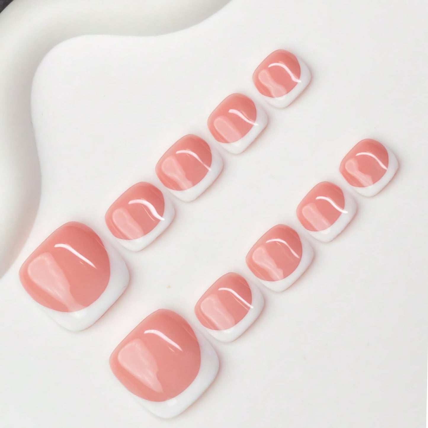 Luxury Press on Toenails Short Square Handmade 3D Unique Reusable ABS Material Fake Toenails White French Tip Press on Nails Elegant Glossy Glue on Toenail Thick Acrylic Toenail(S)