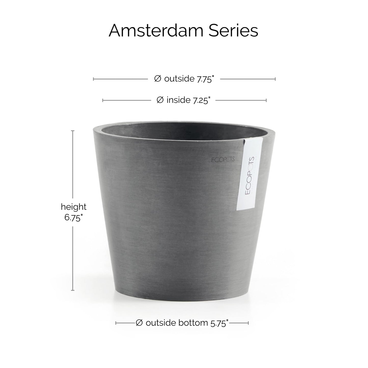 Ecopots Amsterdam Durable Modern Round Indoor/Outdoor Recycled-Based Composite Flower Pot Planter, Grey, 8"