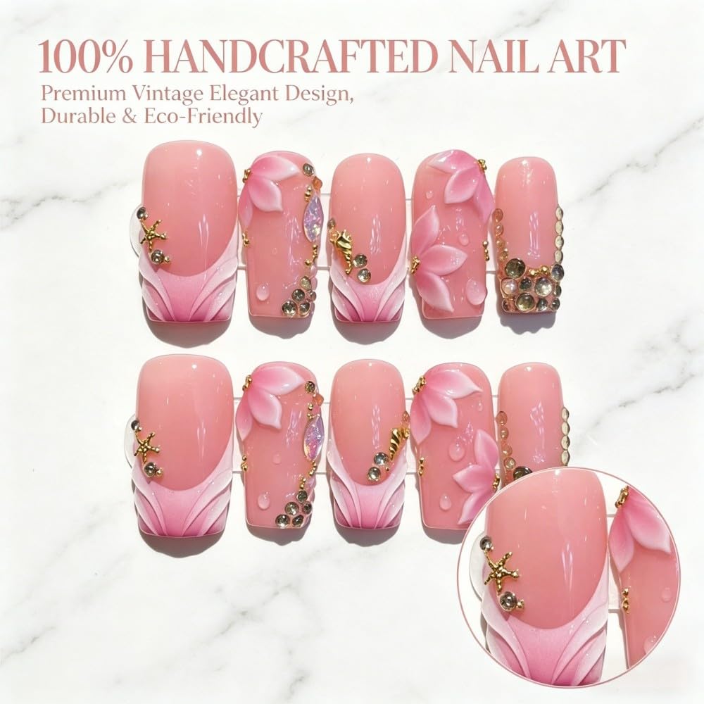 Vokupoga Handmade Press on Nails Square Medium French Tip Fake Nails with 3D Rhinestones Flower Designs Summer Glossy Acrylic Nails for Women 10Pcs(Size M)