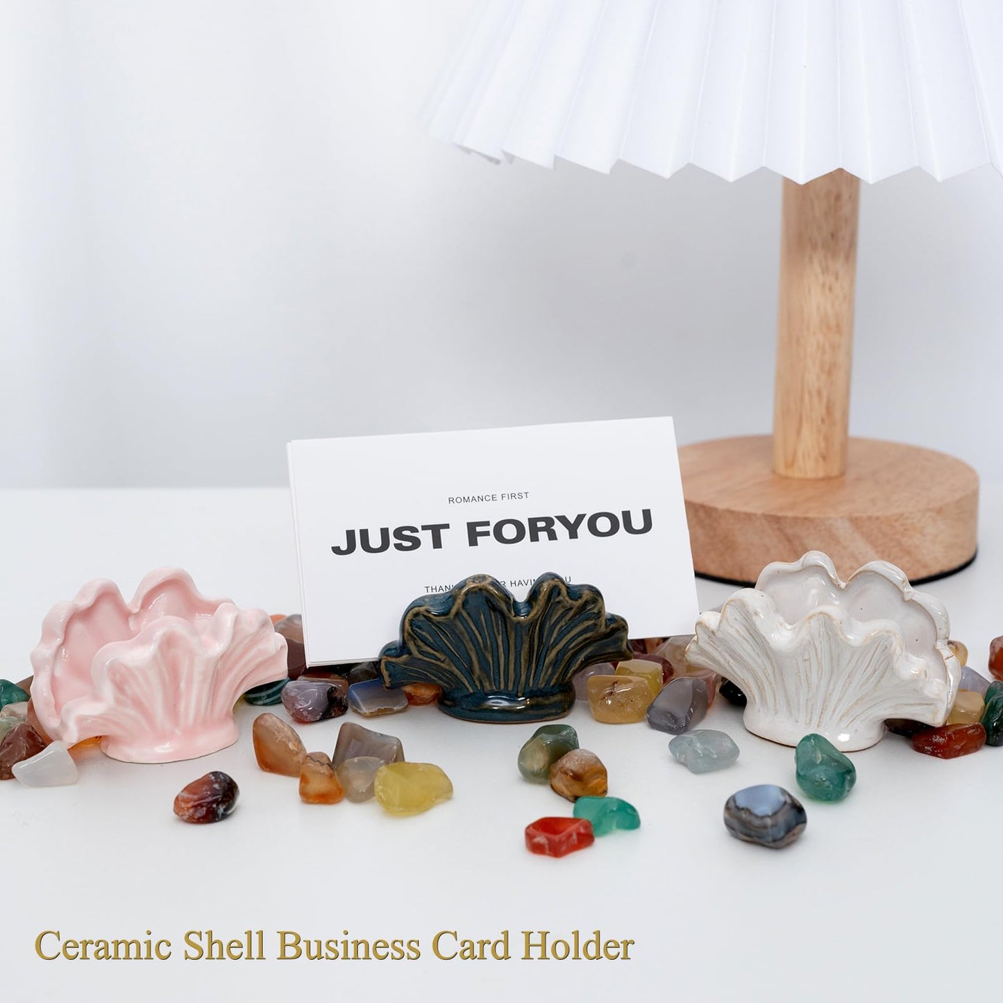 wowhalolo Ceramic Shell Business Card Holder Set of 3 - Pink, White, Blue - Boho Vertical Desk Organizer and Business Card Display for Office,Wedding,Home Decor- Cute Desk Accessories and Unique Gift