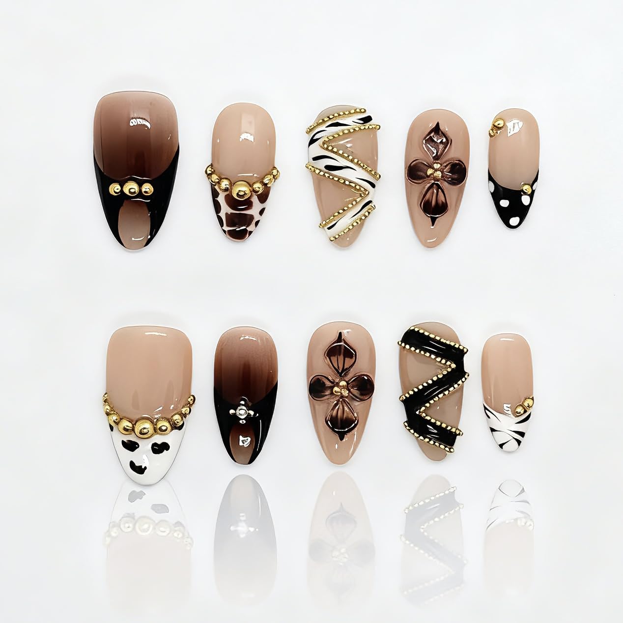 Reusable Press On Nails for Women & Girls - Short Almond Shape, Green Gradient with 3D Hand-Sculpted Florals, Holiday Party Manicure (C-Coffee Brown Short, L)