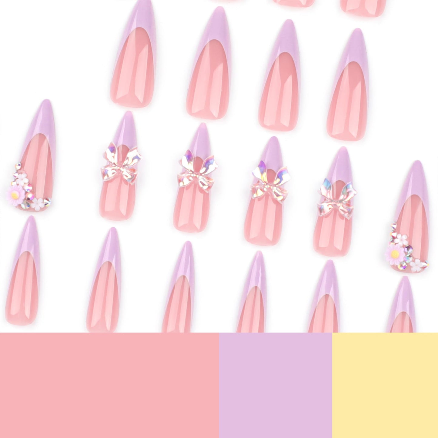 IMRAIN Long Press on Nails Stiletto Purple French Fake Nails Tips Full Cover Spring Glossy Artificial Nails Press ons Bow & Flower Stick on False Nails for Women 24Pcs