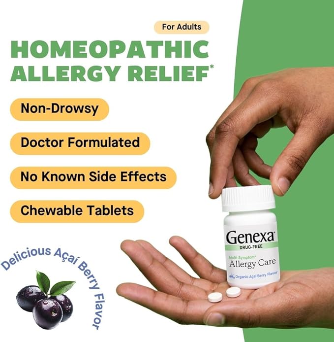 Genexa Allergy Care | Drug Free, Non-Drowsy Allergy Relief & Decongestant for Adults| Acai Berry Flavor | Organic & Non-GMO | Homeopathic Remedy Made Clean | 60 Chewable Tablets