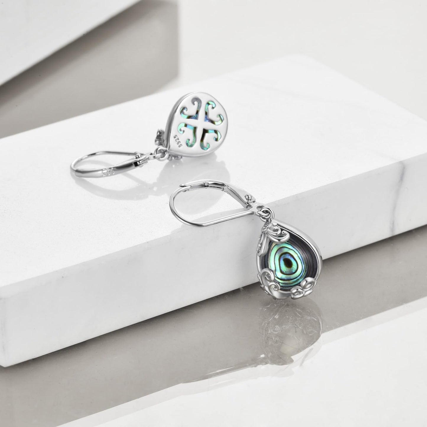 POPLYKE Abalone Shell Filigree Teardrop Drop Dangle Earrings Sterling Silver Leverback Earrings Jewelry for Women