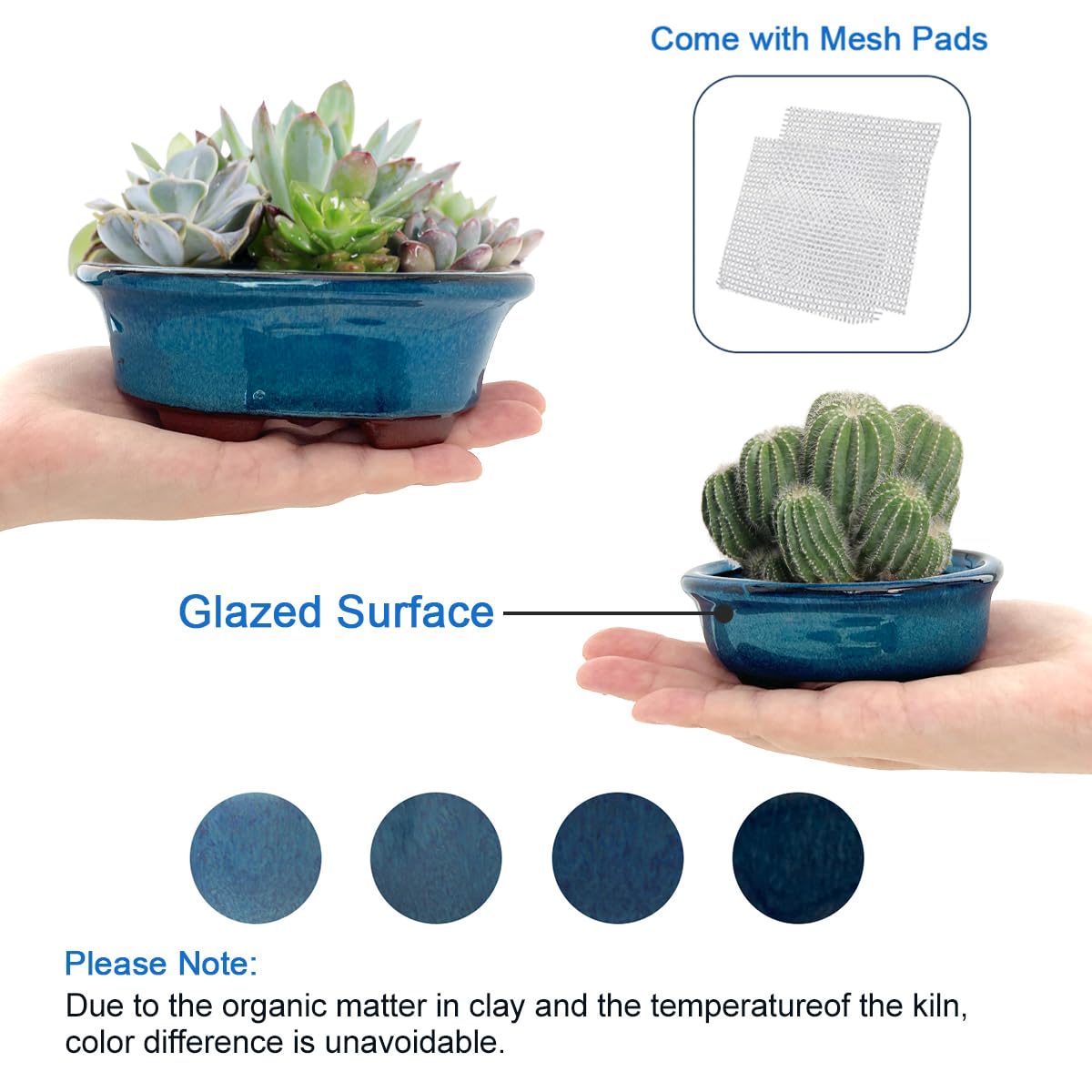 Bonsai Planter Succulent Small Glazed Pots, Value Pack of 2 + 4 Soft Mesh Drainage Screens