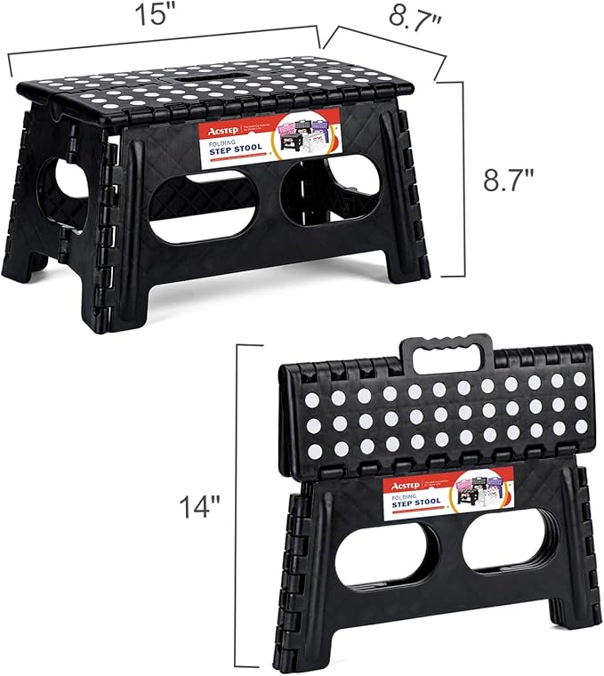 ACSTEP Foldable Step Stool for Kids and Adults,15-Inch Extra Wide 9-Inch Height (2 Pack) More Safe and Comfortable Holds Up to 300 lbs Folding Step Stool for Bathroom, Garden, Kitchen（Black）