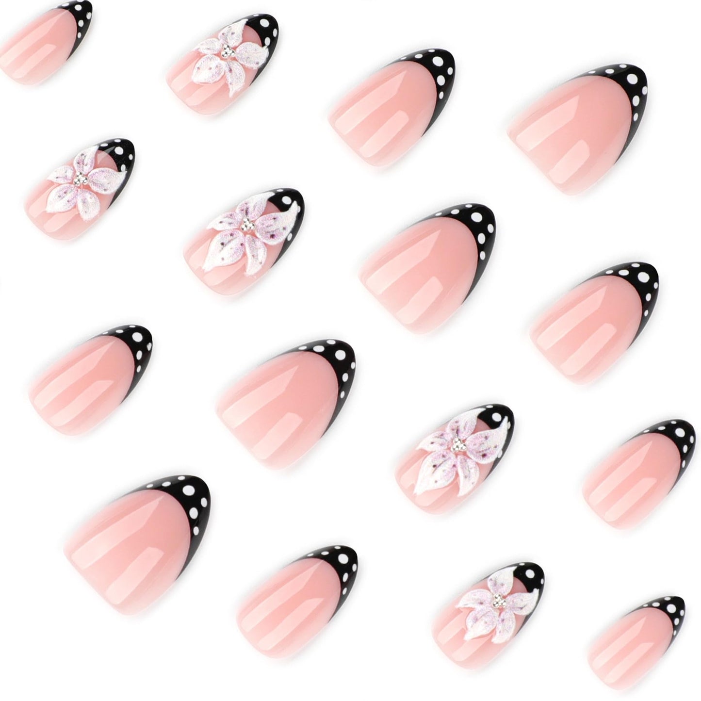 CTTHNBD Short Press on Nails Almond - Black French Tip Fake Nails with Flower Design - Spot Stick on False Nails - for Women 24 Pcs