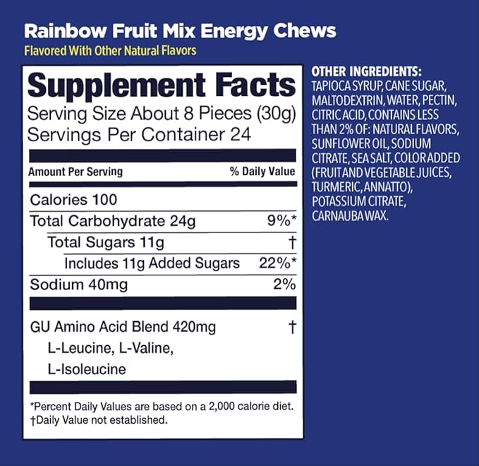 GU Energy Chews, Rainbow Mix Energy Gummies with Electrolytes, Vegan, Gluten-Free, Kosher, Caffeine Free, and Dairy-Free On-The-Go Energy for Any Workout, 12 Bags (24 Servings Total)