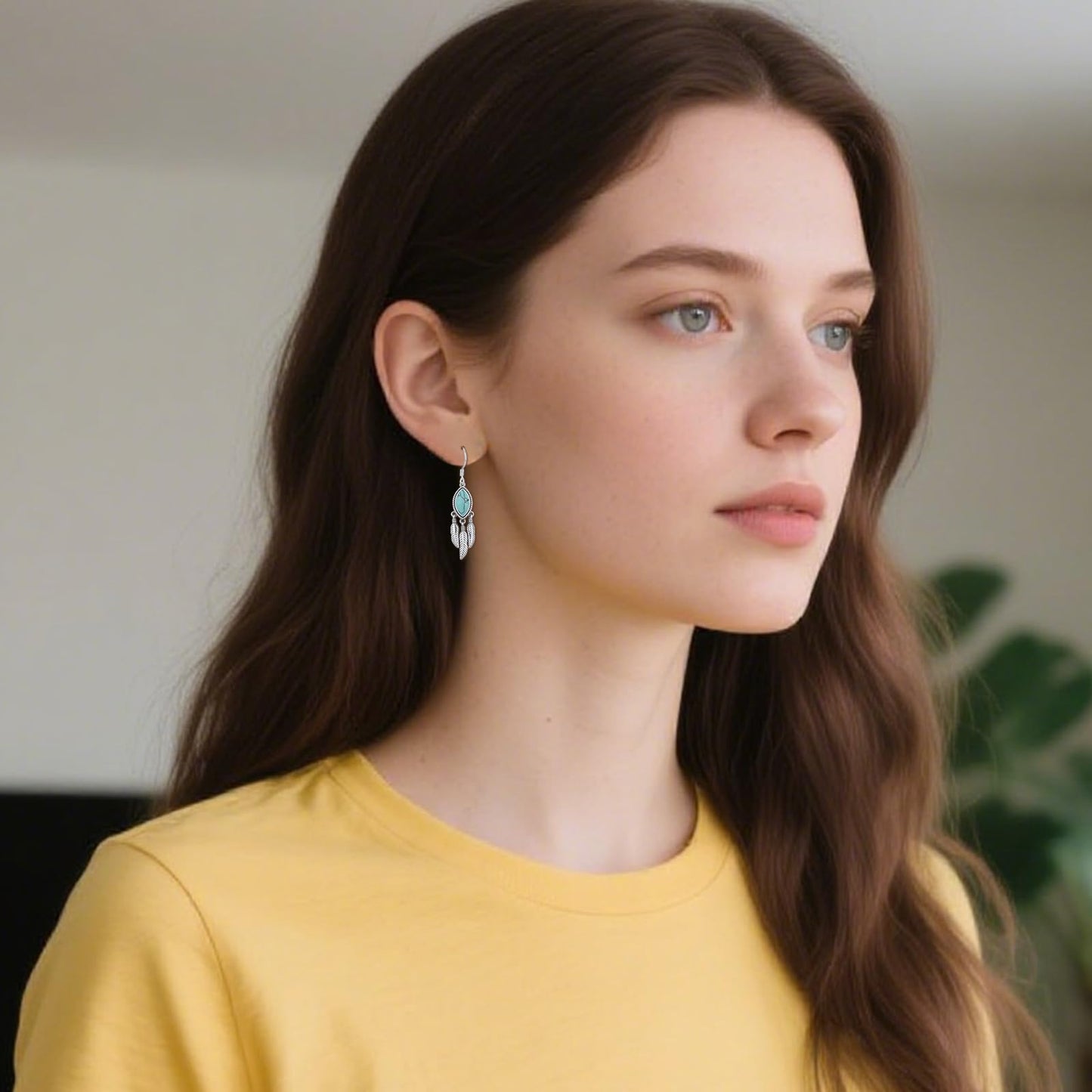 KoyeKei Turquoise Feather Dangle Drop Earrings for Women Western 925 Sterling Silver Feather Boho Leaf Statement Earrings Country Vintage Jewelry Christmas Gifts