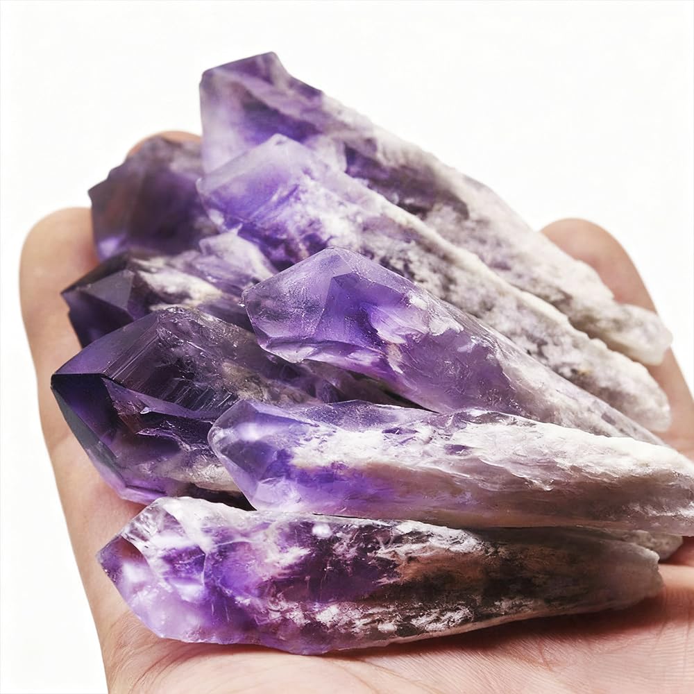 6pcs Set Natural Raw Amethyst Point Wand, Single Terminated Crystal Cluster Scepter, Healing Crystal Point, Positive Energy Gemstone, Reiki Meditation Spiritual Ornament,Home Decor & Crystal Gift
