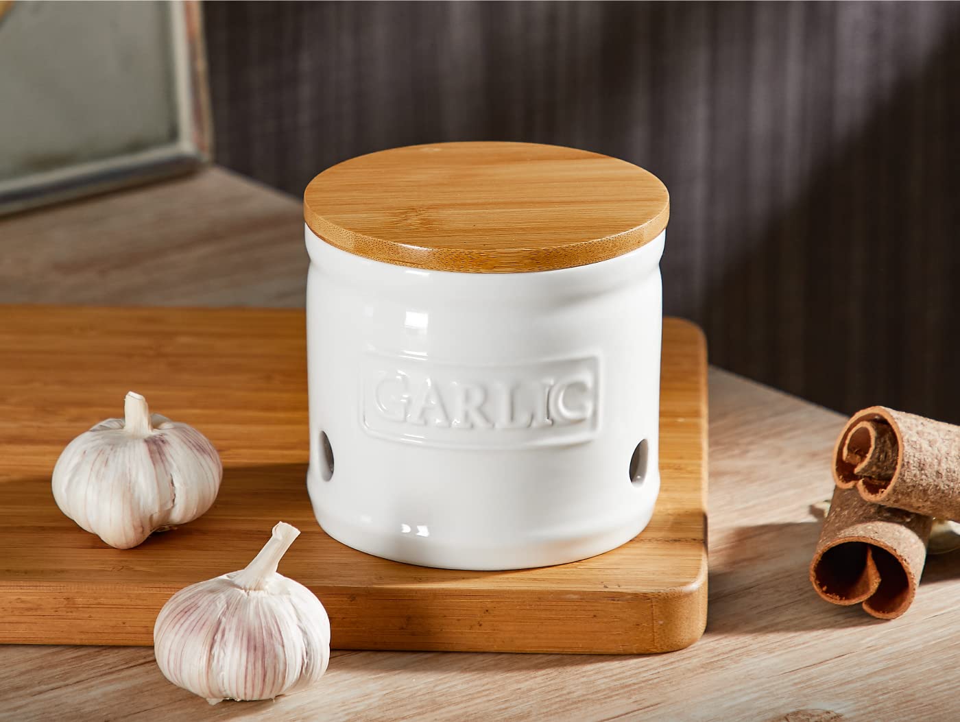 ONEMORE Garlic Keeper with Lid, Ceramic Garlic Saver 4 inch, White