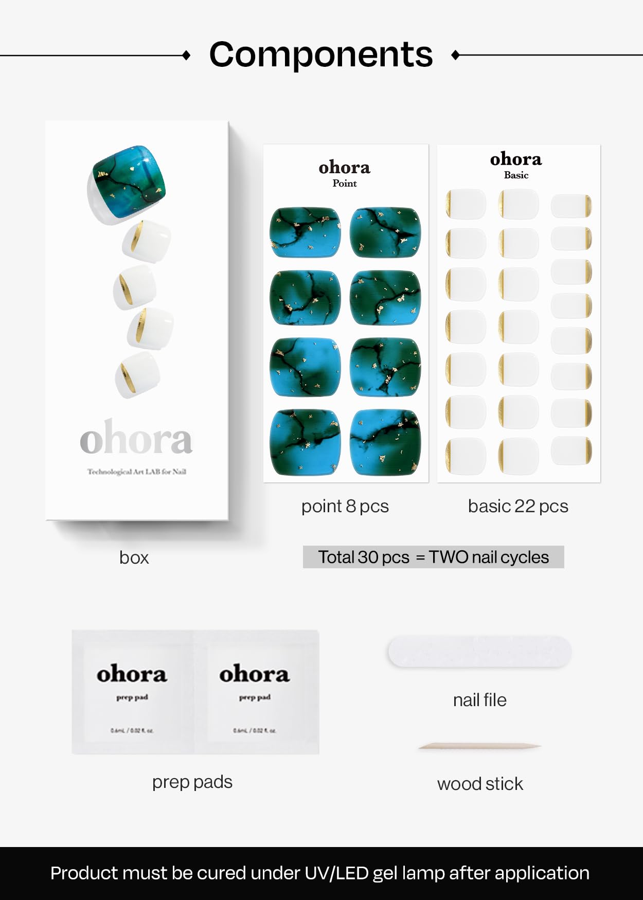 ohora Semi Cured Gel Pedi Strips (P Tide Pool) - Blue/White Works with Any UV/LED Lamps, Salon-Quality, Long Lasting, Easy to Apply & Remove - Includes 2 Prep Pads, Nail File & Wooden Stick