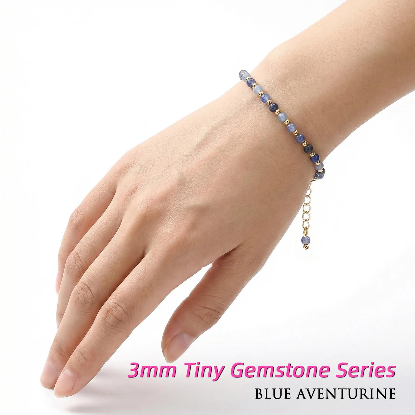 Morchic 3mm Blue Aventurine Natural Gemstone Beaded Bracelet for Women, Dainty Tiny Charm Jewelry, Adjustable 7.1-8.6", Ideal Birthday Holiday Gift