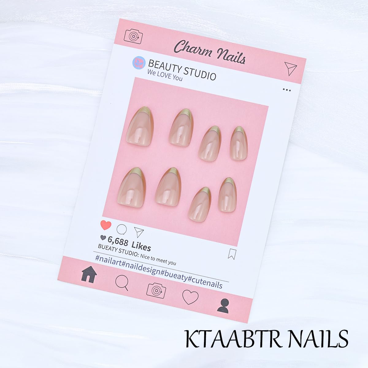 Gold French Tip Press on Nails Medium Oval Shape Pink Almond Fake Nails with Glue Full Cover Glossy False Nails for Women DIY Manicure Decoration 24PCS Reusable Acrylic Nails