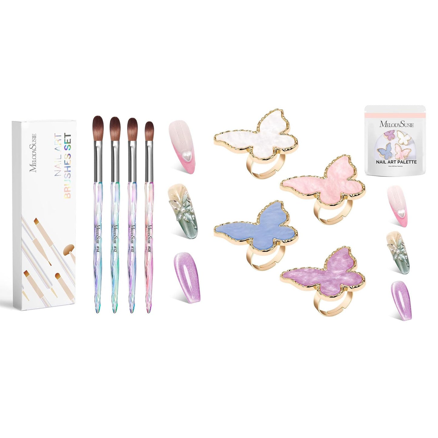MelodySusie 4Pcs Acrylic Nail Brush Set and 4PCS Adjustable Resin Nail Art Palette Finger Rings Set