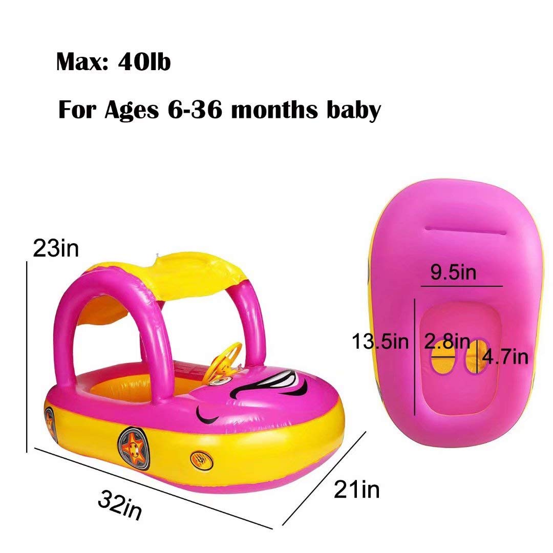 Baby Pool Float with Canopy Summer Steering Wheel Sunshade Swim Ring Car Inflatable Toys Infants Float Seat Boat for Kids Toddlers…