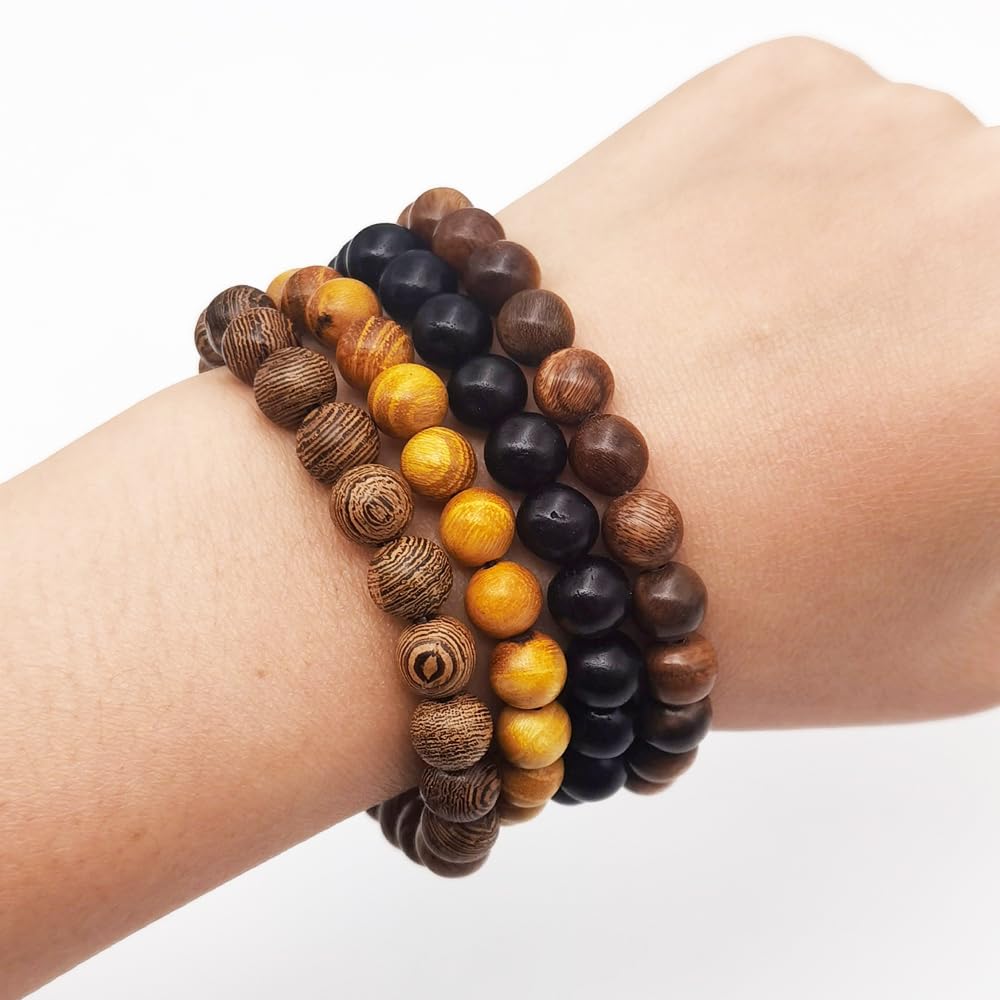 INSPIRELLE 8 Pieces Natural Wood Elastic Beaded Bracelet for Men and Women