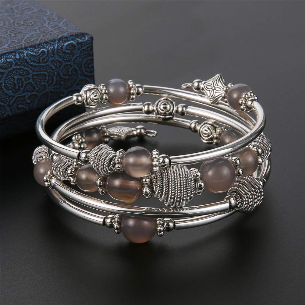 PEARL&CLUB Beaded Chakra Bangle Turquoise Bracelet - Fashion Jewelry Wrap Bracelet with Thick Silver Metal and Mala Beads, Birthday Gifts For Women(Agate grey)