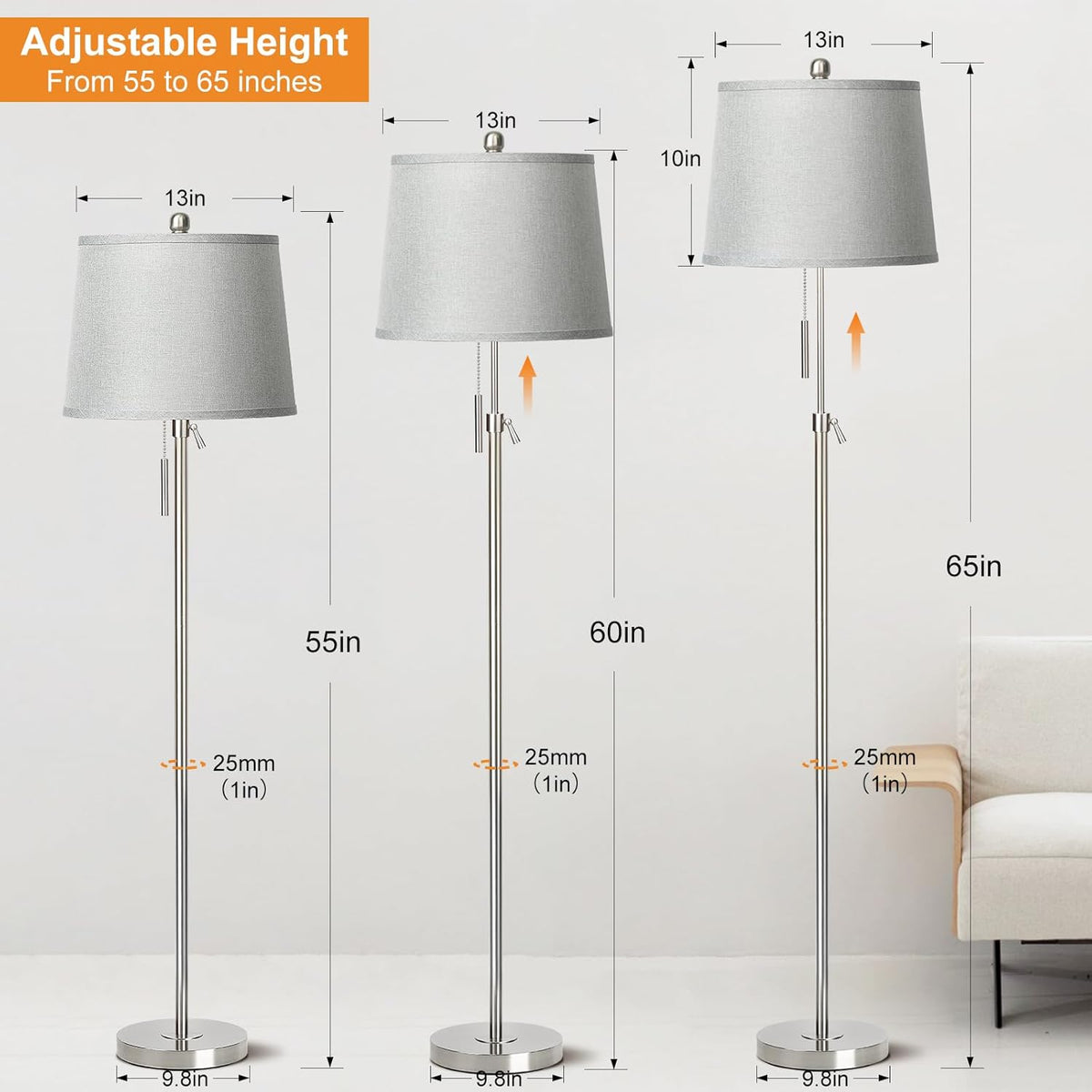 Floor Lamp for Living Room,Adjustable Height Standing Lamp,Dimmable Modern Floor Lamps for Bedroom Office Tall Floor Lights with Pull Chain Bulb Included-Silver Gray Shade