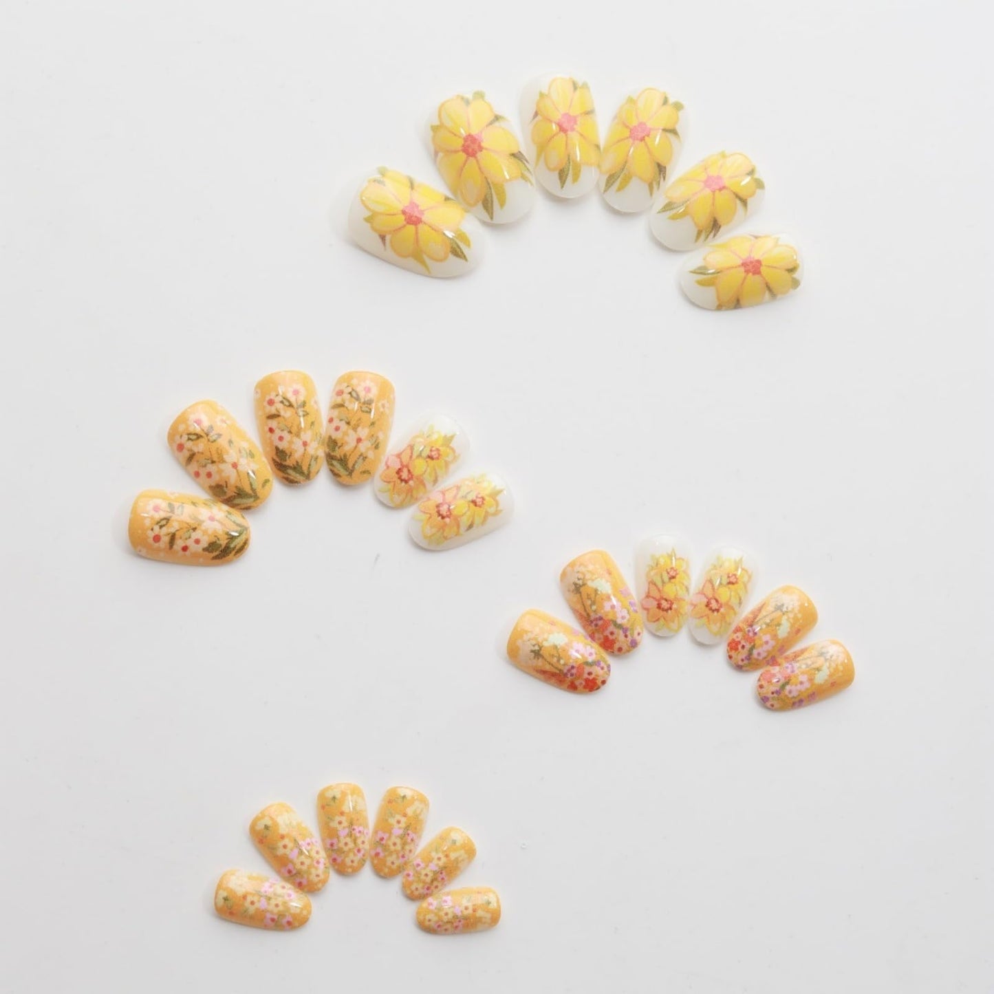 Short Press on Nails Almond Fake Nails Yellow False Nails Floral Artificial Nails with Flowers Designs Stick on Nails for Women 24pcs