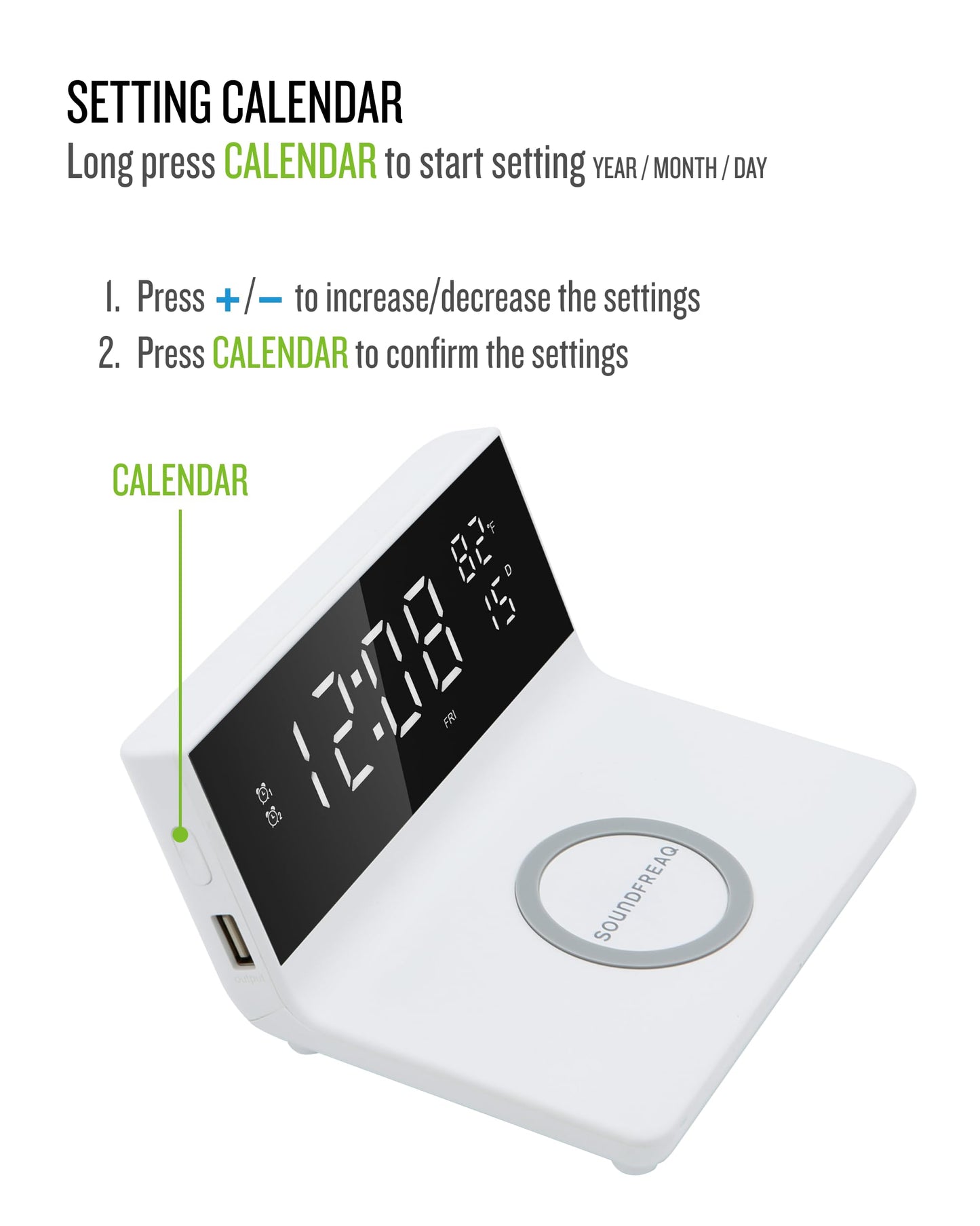 Soundfreaq Charge Rise II, SFQ-20: Digital Alarm Clock, with Dual Alarms, Fast USB Charger and Wireless Charger