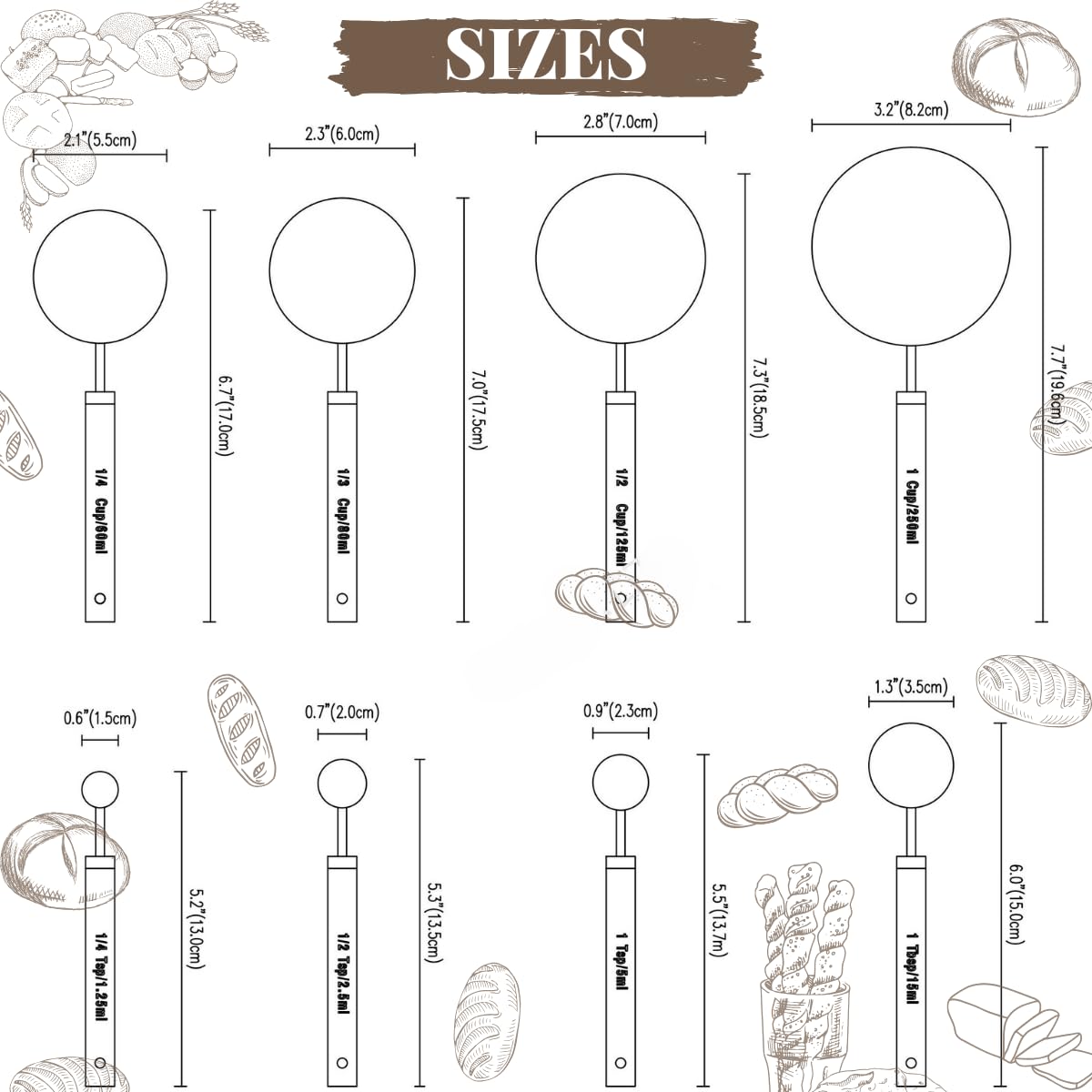 Measuring Cups and Spoons Set with Wooden Handle, 8 Pieces Stainless Steel Measuring Spoon and Cup with US Measurements for Baking and Cooking Sliver