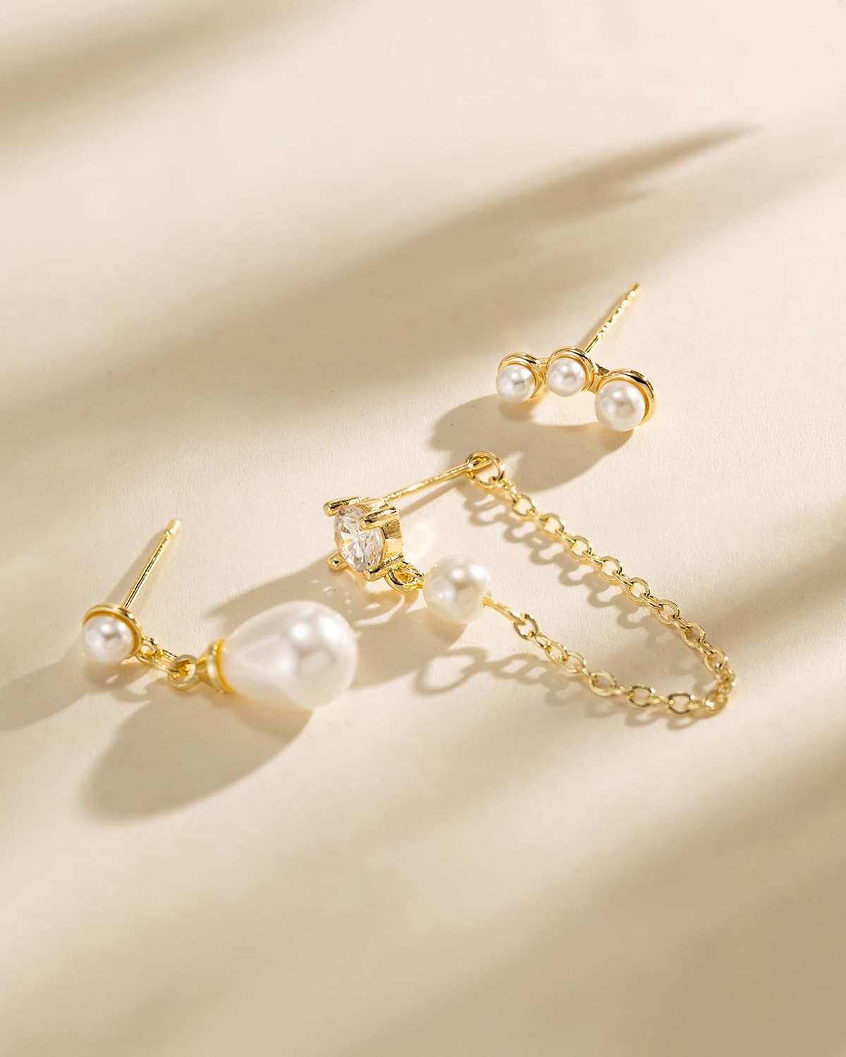 BSGRL Pearl Earrings - 14k Gold Plated Tiny Pearl Stud Earrings Set Cartilage Ear Stack for Women