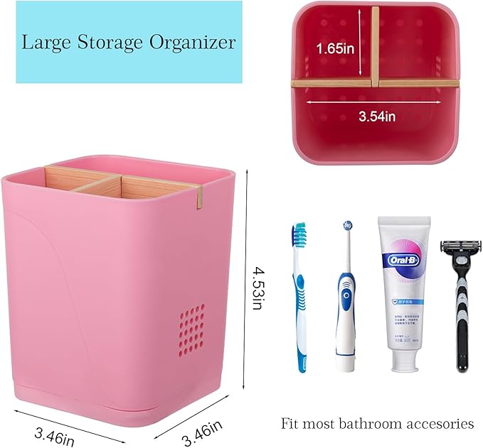 Electric Toothbrush Holder 3 Slots Tooth Brushing Holder with Bamboo Dividers for Bathrooms, Plastic Toothbrush and Toothpaste Organizer for Shower, Countertop, Vanity, Pink