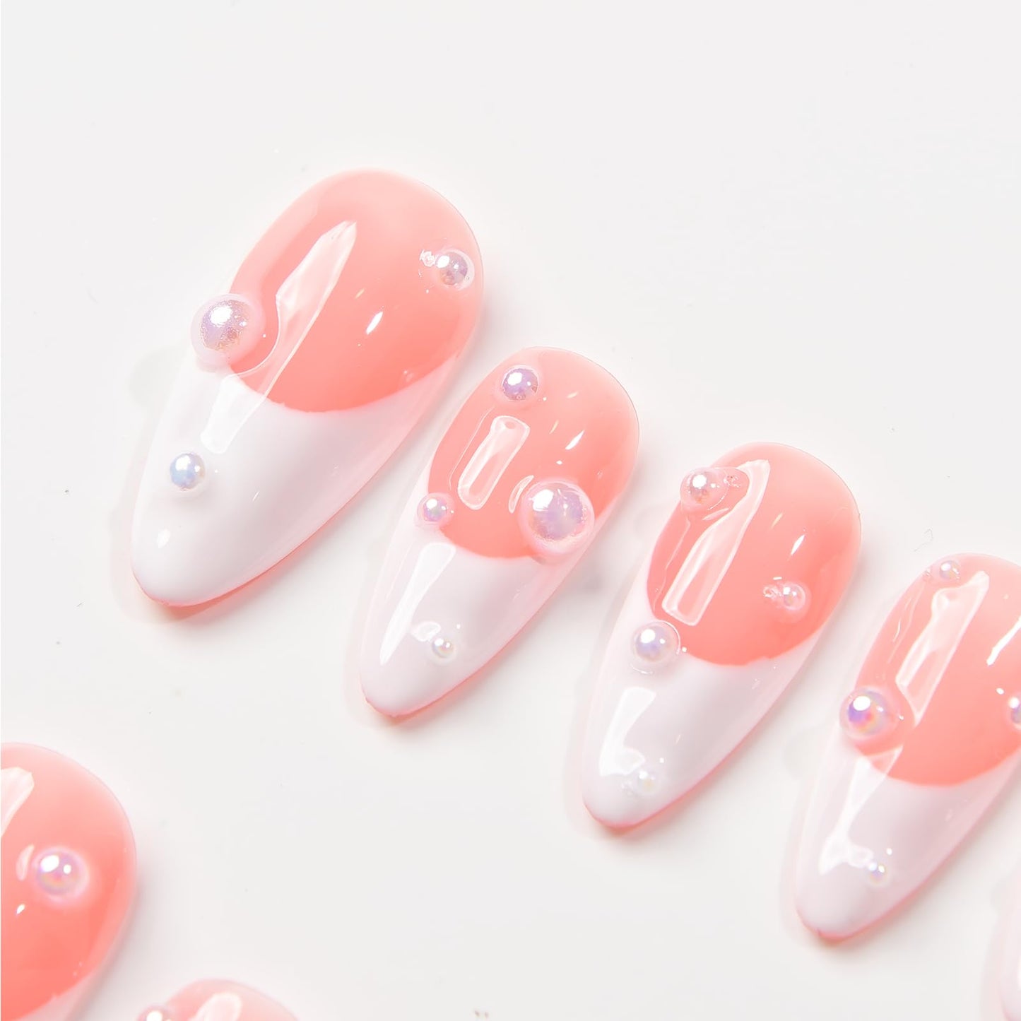 Basic Design with Chrome, French, Light Star Almond Press On Nails, Classic Design Fake Nails for Chrismast Event, Wedding Event, Prom, Party (S009, L)