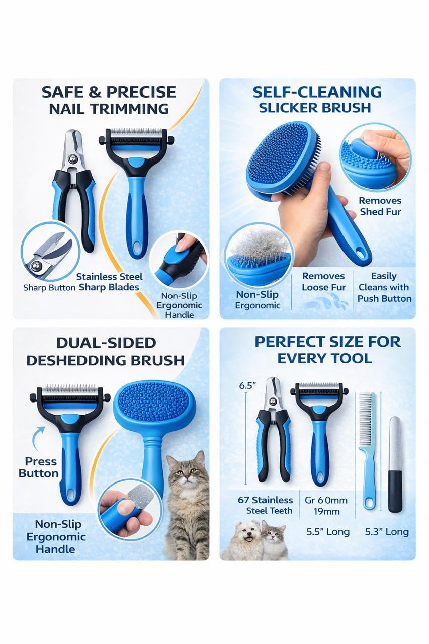 Dog Grooming Kit 6-in-1 for Heavy Shedding – Professional Pet Grooming Tools Set, Complete Home Care Kit with Deshedding Rake, Slicker Brush, Nail Clipper, Bath Brush & Flea Comb for Dogs & Cats