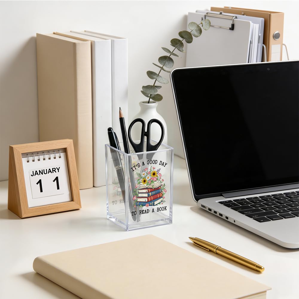 Xipromi It's A Good Day To Read A Book Acrylic Cosmetic Pencil Pen Holder, Funny Book Pencil Holder for Bookworm, Bookish Gifts for Reading Lover Librarian Teacher Reader, Reading Nook Accessories