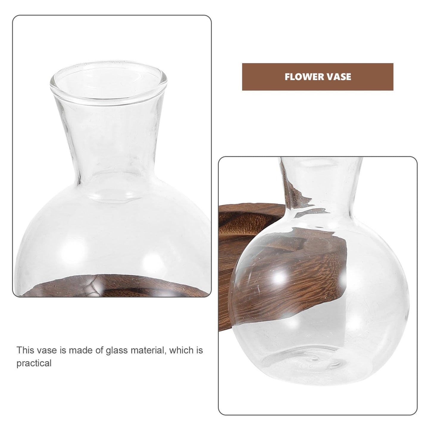 LALAFINA Glass Hyacinth Vase with Wooden Base, Hydroponic Table Glass Flower Container for Office and Living Room Decoration, 3pcs Set Terrarium for Indoor Plants