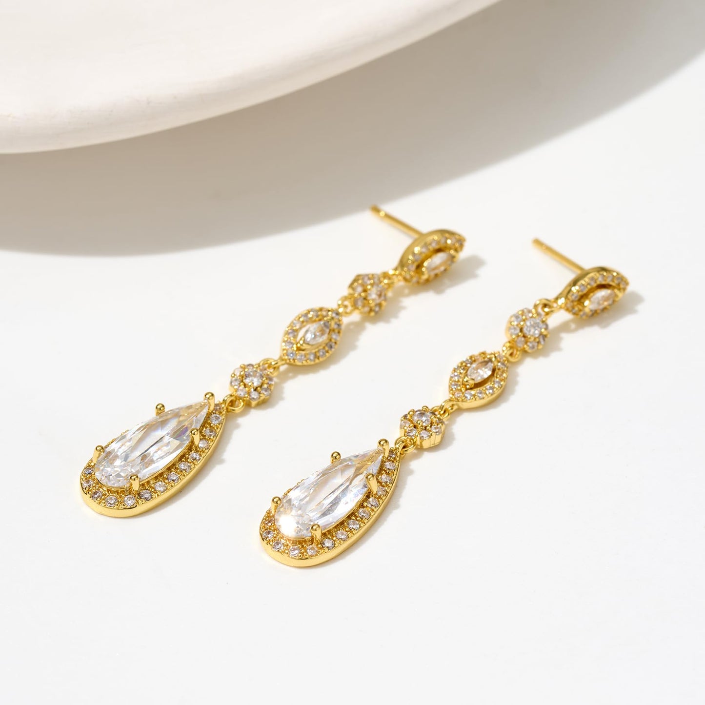 SWEETV Long Pear-Shaped Rose Gold Wedding Birdal Earrings for Brides, Bridesmaids, Crystal Chandelier Dangle Drop Earrings for Women Prom, Gold