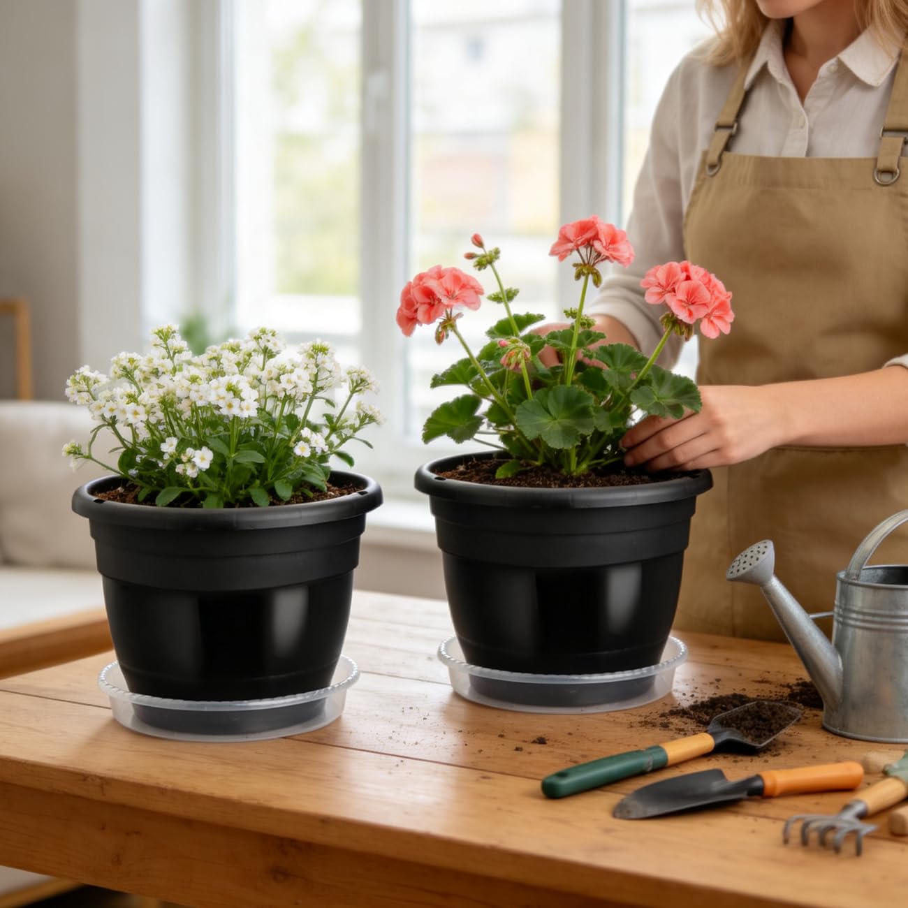 RooTrimmer 8 Inch Black Plastic Plant Pots Set of 10 with Clear Saucers – Durable Flower Pots with Drainage Holes for Indoor & Outdoor Plants