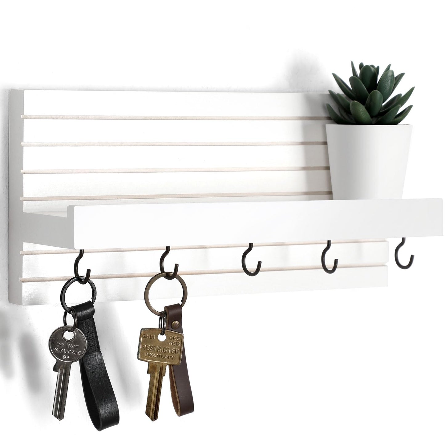 Lwenki Decorative Key Holder for Wall with Shelf, Entryway Shelf with Hooks Holds Leashes, Jackets and Glasses – Sturdy Wood Keyholder Entrance Hanger with Mounting Hardware (White, Medium)