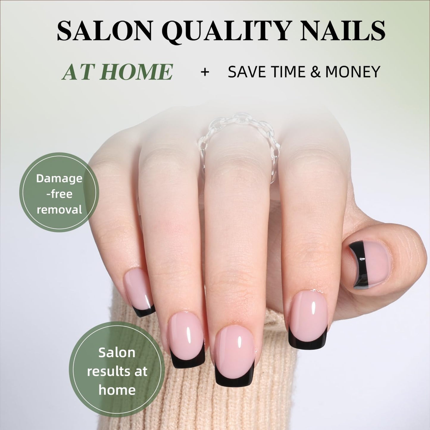 Black French Tip Press On Nails - Black Short Square Fake Nails, French Tip Press On Nails Reusable Stick On Nails in 15 Sizes, 30pcs False Nail Kit for Women & Girls(Bare Eclipse)