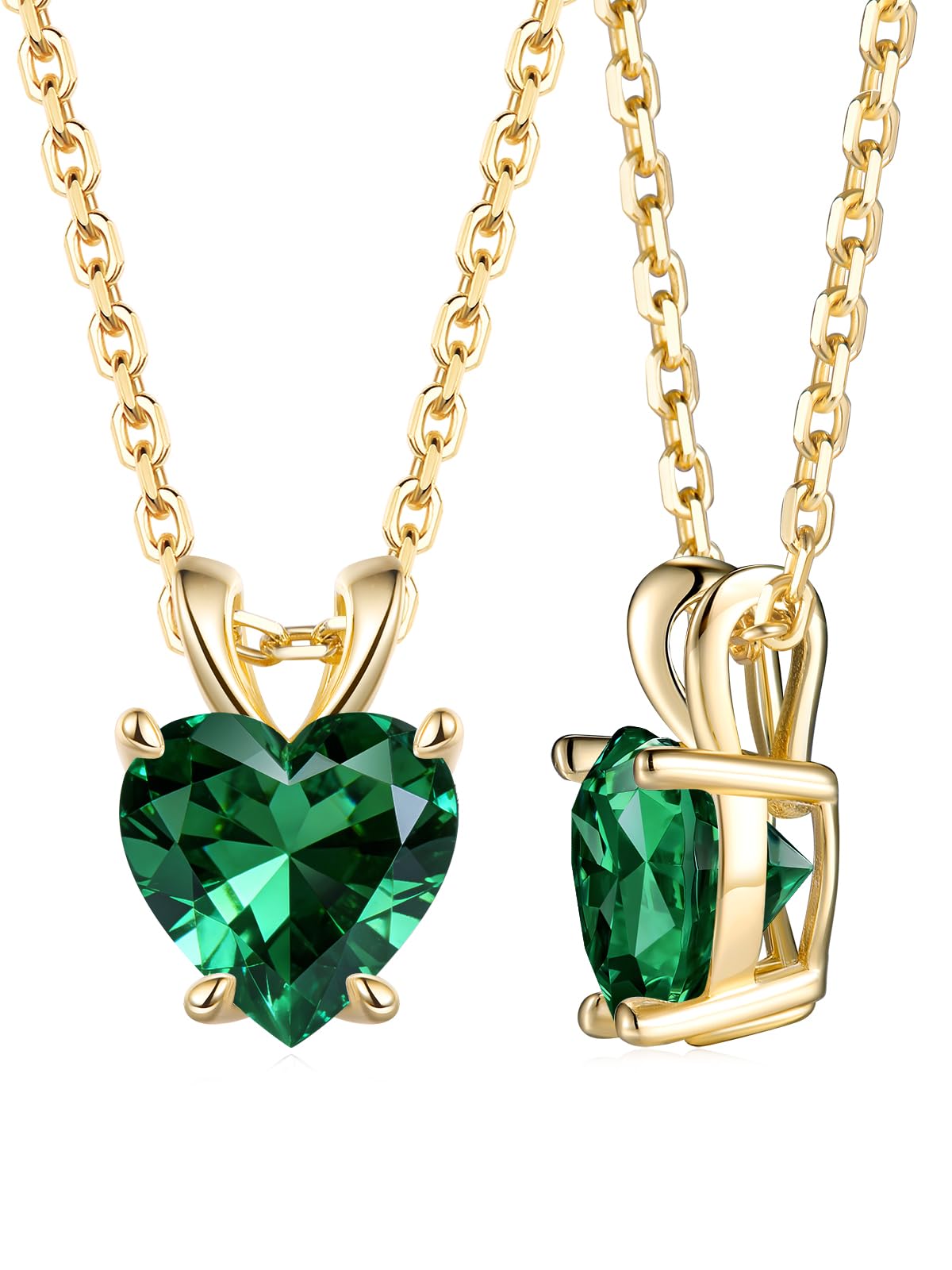 CYW 1 Carat Green Emerald Small Gold Heart Necklace for Women 925 Sterling Silver Solitaire Pendant Necklace