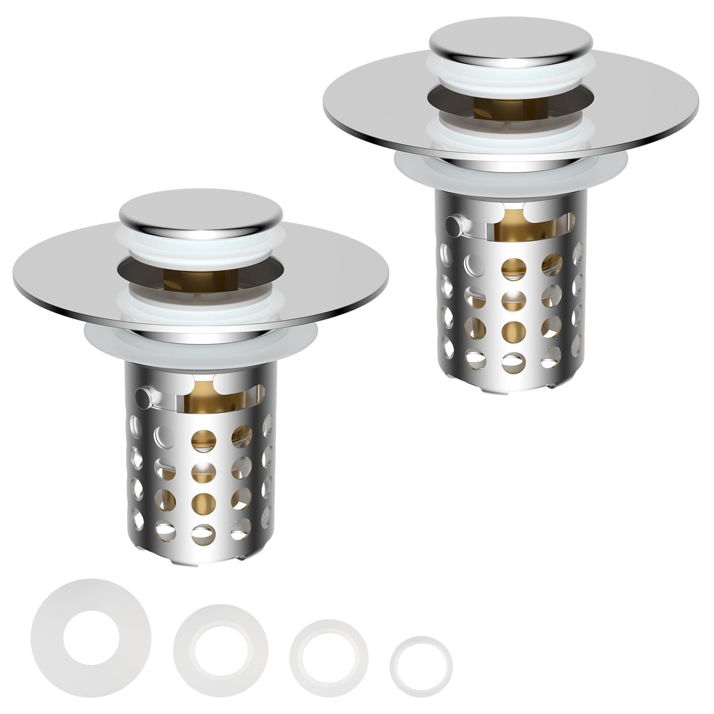 Universal Bathroom Sink Drain Strainer Hair Catcher 2PCS Upgraded with Removable Stainless Steel Filter Basket, 3 in 1 Pop Up Sink Stopper for 1.1''~2.36'' Sink Basin Hole, Chrome