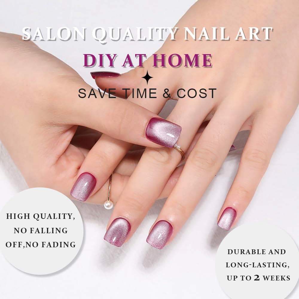 evpct Purple Cat Eye Short Press on Nails Square, Petite Short Square Glossy Nails with Designs for Women, Light Lavender Purple Stick on Glitter Reusable Gel Press on Acrylic Fake Nail Holographic
