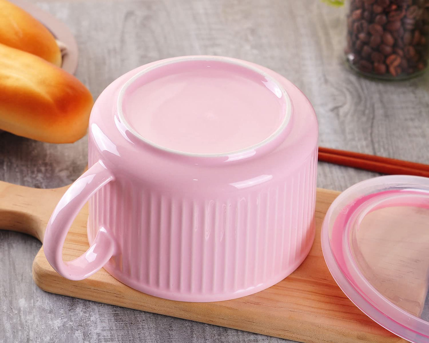 WHJY 30oz Ceramic Bowl with Lid and Handle for Soup and Instant Noodles Mug, Modern Simple Style, with Heat Preservation Handle - Pink