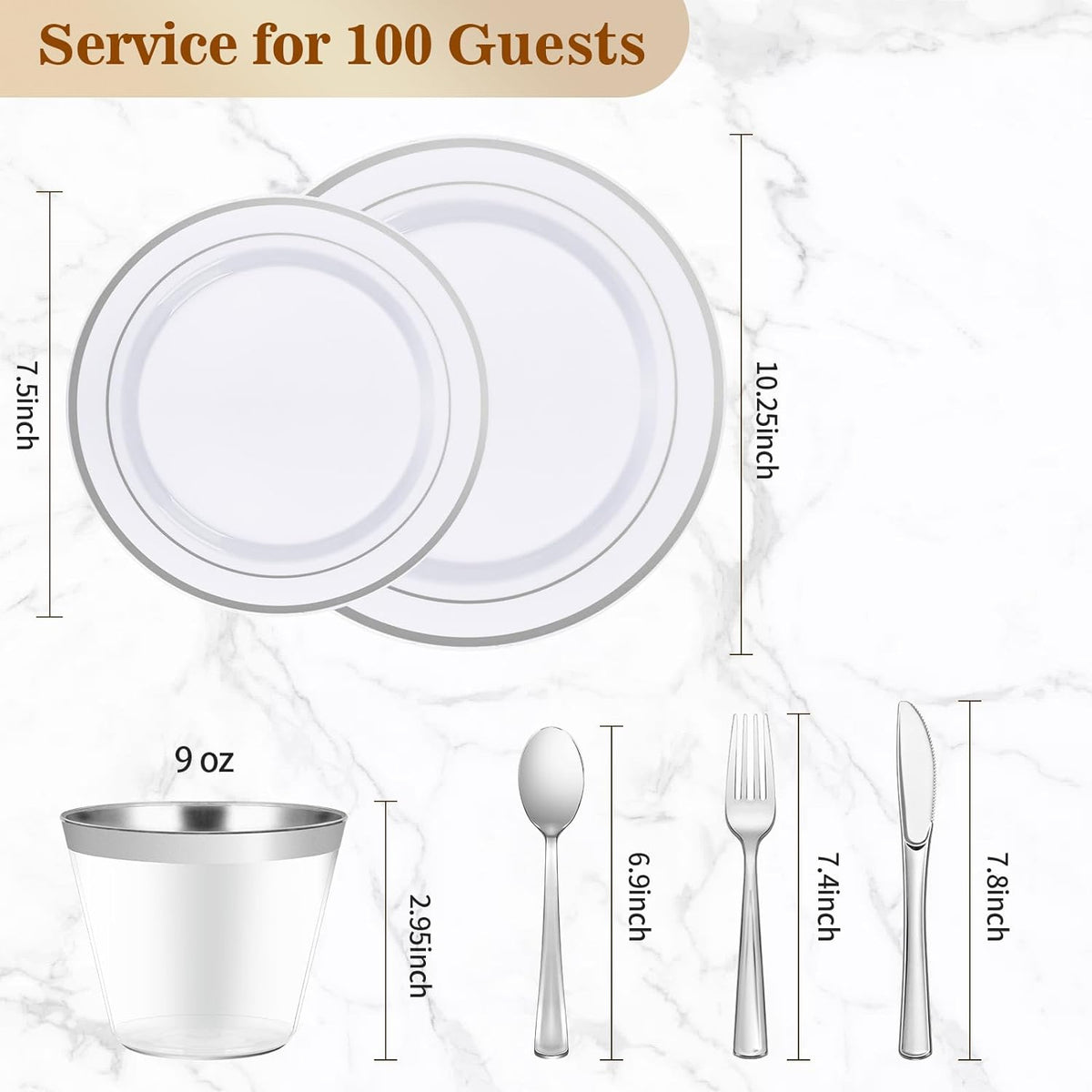 BESTVIP 700 PCS Silver Dinnerware Set for 100 Guests, Plastic Dinnerware Set for Party, Wedding, Christmas, Halloween, Include: 200 Plastic Plates, 100 Silver Silverware, 100 Cups, 100 Paper Napkins